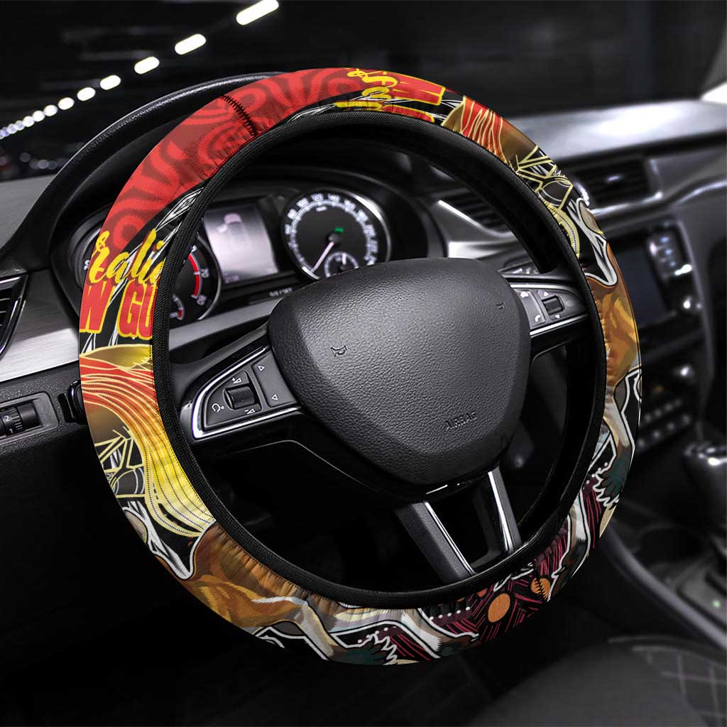 Australia and Papua New Guinea Together Steering Wheel Cover Bird-of-paradise and Kangaroo with Oro Tapa and Aboriginal Art Motifs - Polynesian Pride