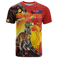 Australia and Papua New Guinea Together T Shirt Bird-of-paradise and Kangaroo with Oro Tapa and Aboriginal Art Motifs - Polynesian Pride