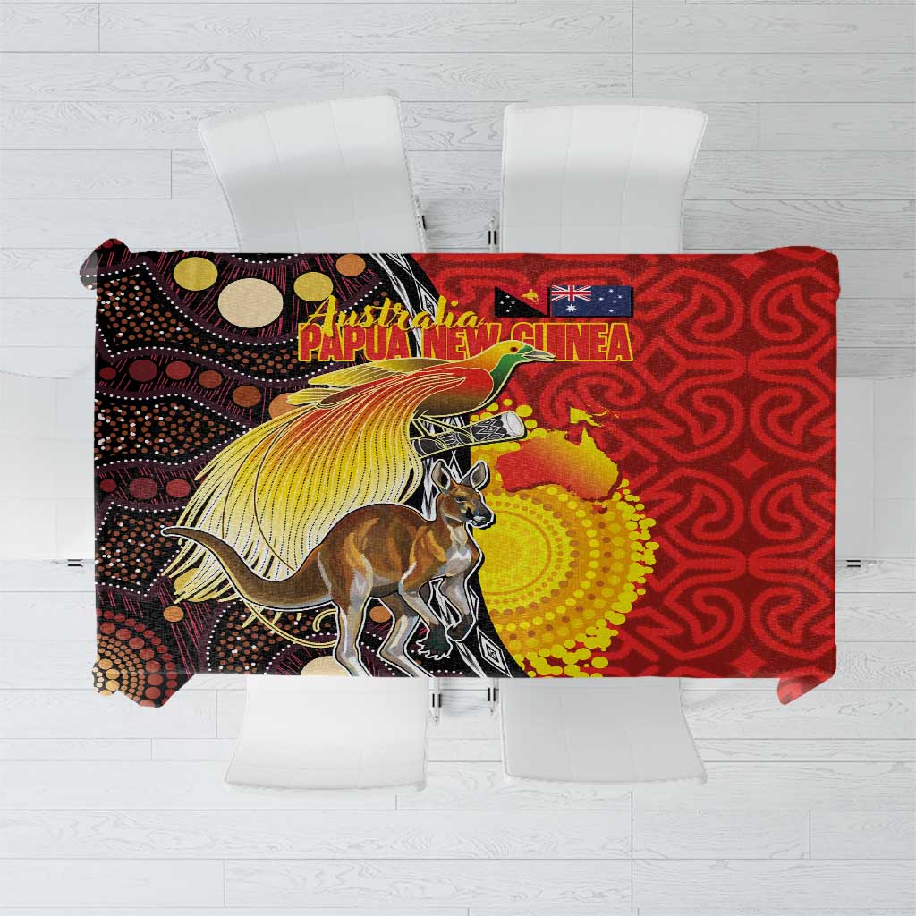 Australia and Papua New Guinea Together Tablecloth Bird-of-paradise and Kangaroo with Oro Tapa and Aboriginal Art Motifs - Polynesian Pride