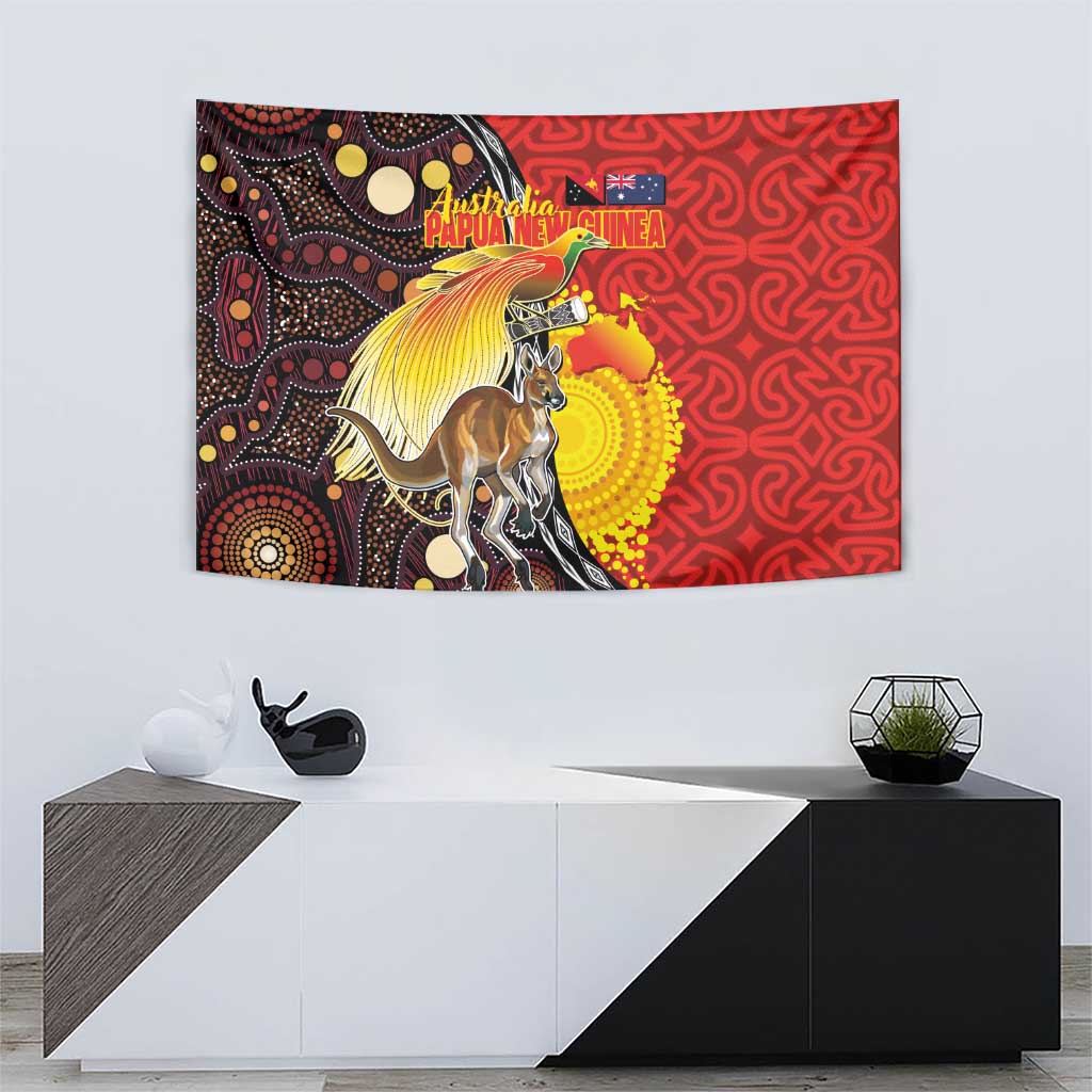 Australia and Papua New Guinea Together Tapestry Bird-of-paradise and Kangaroo with Oro Tapa and Aboriginal Art Motifs - Polynesian Pride