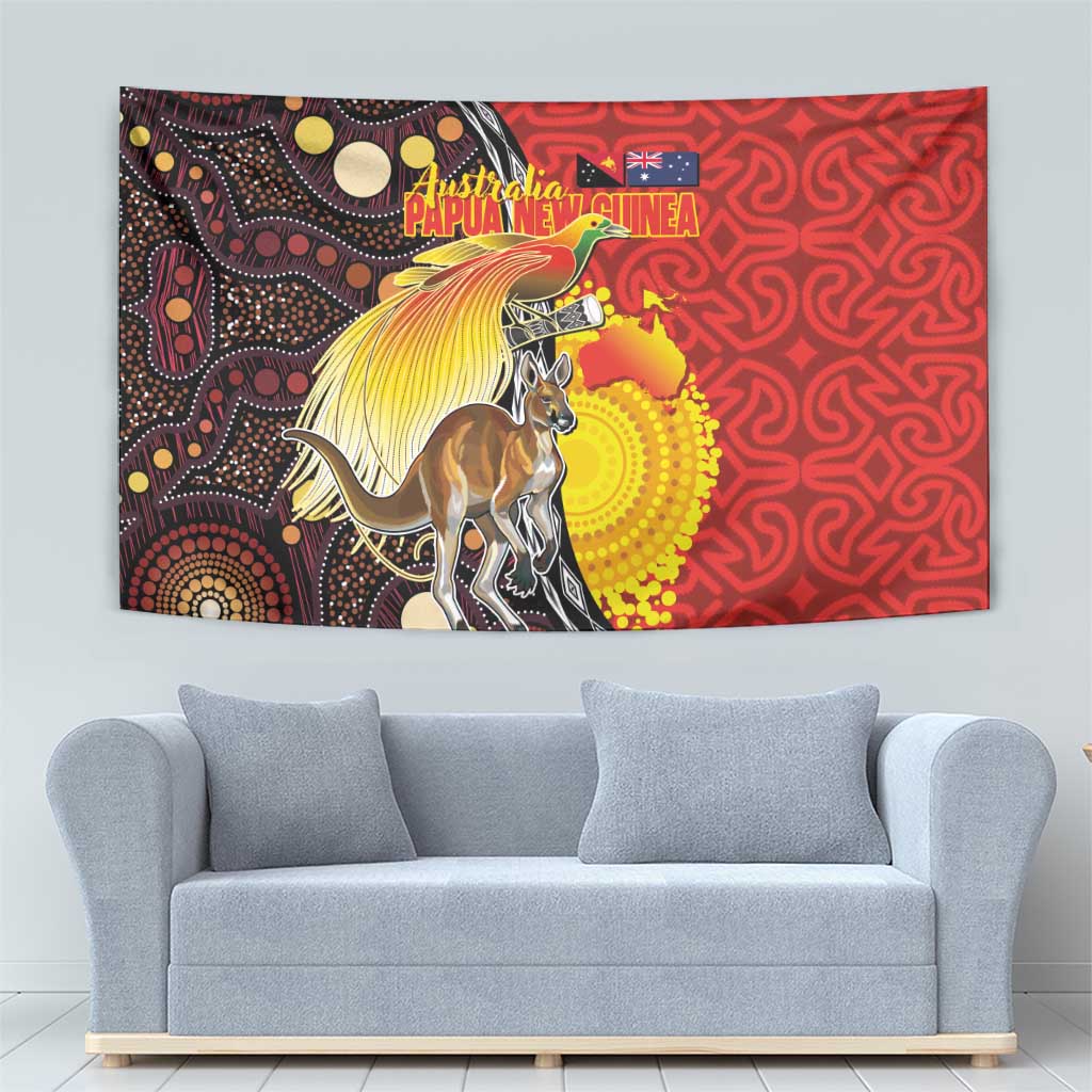 Australia and Papua New Guinea Together Tapestry Bird-of-paradise and Kangaroo with Oro Tapa and Aboriginal Art Motifs - Polynesian Pride
