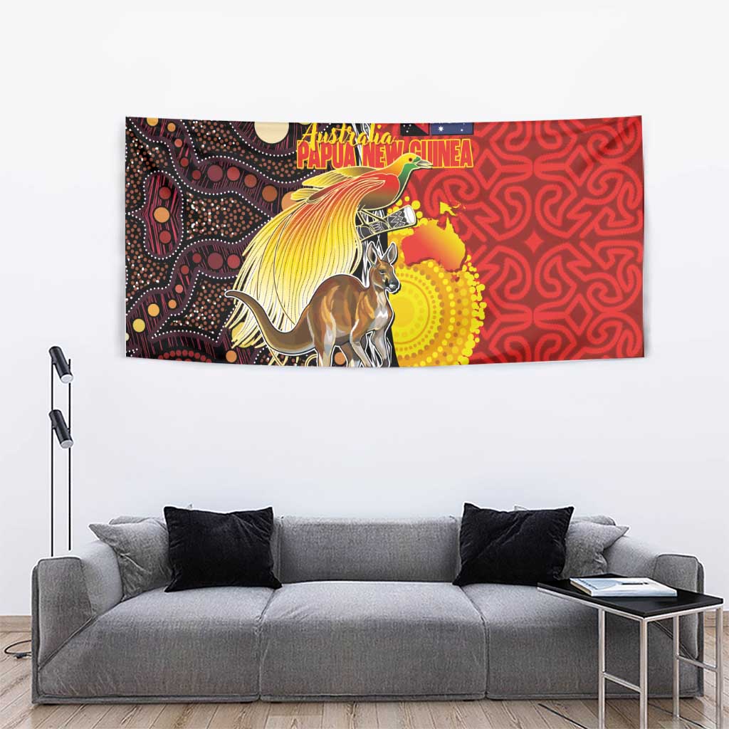 Australia and Papua New Guinea Together Tapestry Bird-of-paradise and Kangaroo with Oro Tapa and Aboriginal Art Motifs - Polynesian Pride