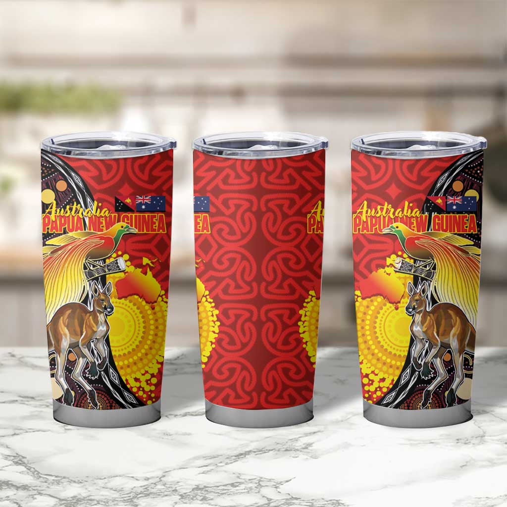 Australia and Papua New Guinea Together Tumbler Cup Bird-of-paradise and Kangaroo with Oro Tapa and Aboriginal Art Motifs - Polynesian Pride