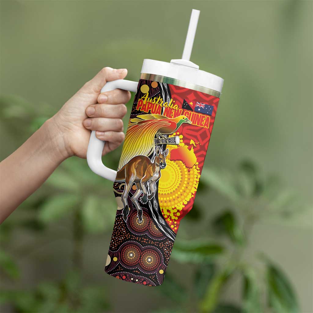 Australia and Papua New Guinea Together Tumbler With Handle Bird-of-paradise and Kangaroo with Oro Tapa and Aboriginal Art Motifs - Polynesian Pride