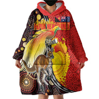Australia and Papua New Guinea Together Wearable Blanket Hoodie Bird-of-paradise and Kangaroo with Oro Tapa and Aboriginal Art Motifs - Polynesian Pride