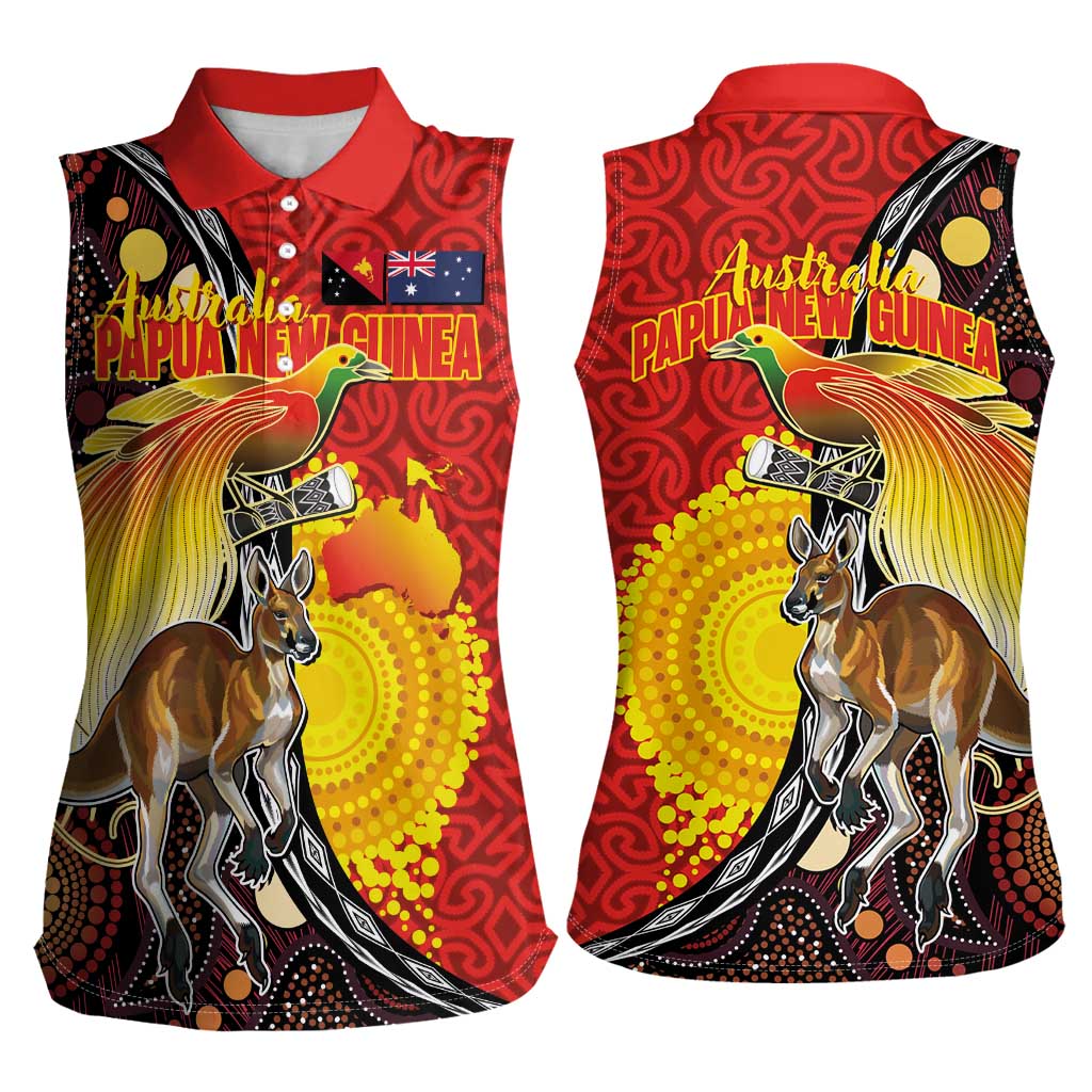 Australia and Papua New Guinea Together Women Sleeveless Polo Shirt Bird-of-paradise and Kangaroo with Oro Tapa and Aboriginal Art Motifs - Polynesian Pride