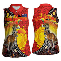 Australia and Papua New Guinea Together Women Sleeveless Polo Shirt Bird-of-paradise and Kangaroo with Oro Tapa and Aboriginal Art Motifs - Polynesian Pride