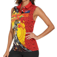 Australia and Papua New Guinea Together Women Sleeveless Polo Shirt Bird-of-paradise and Kangaroo with Oro Tapa and Aboriginal Art Motifs - Polynesian Pride