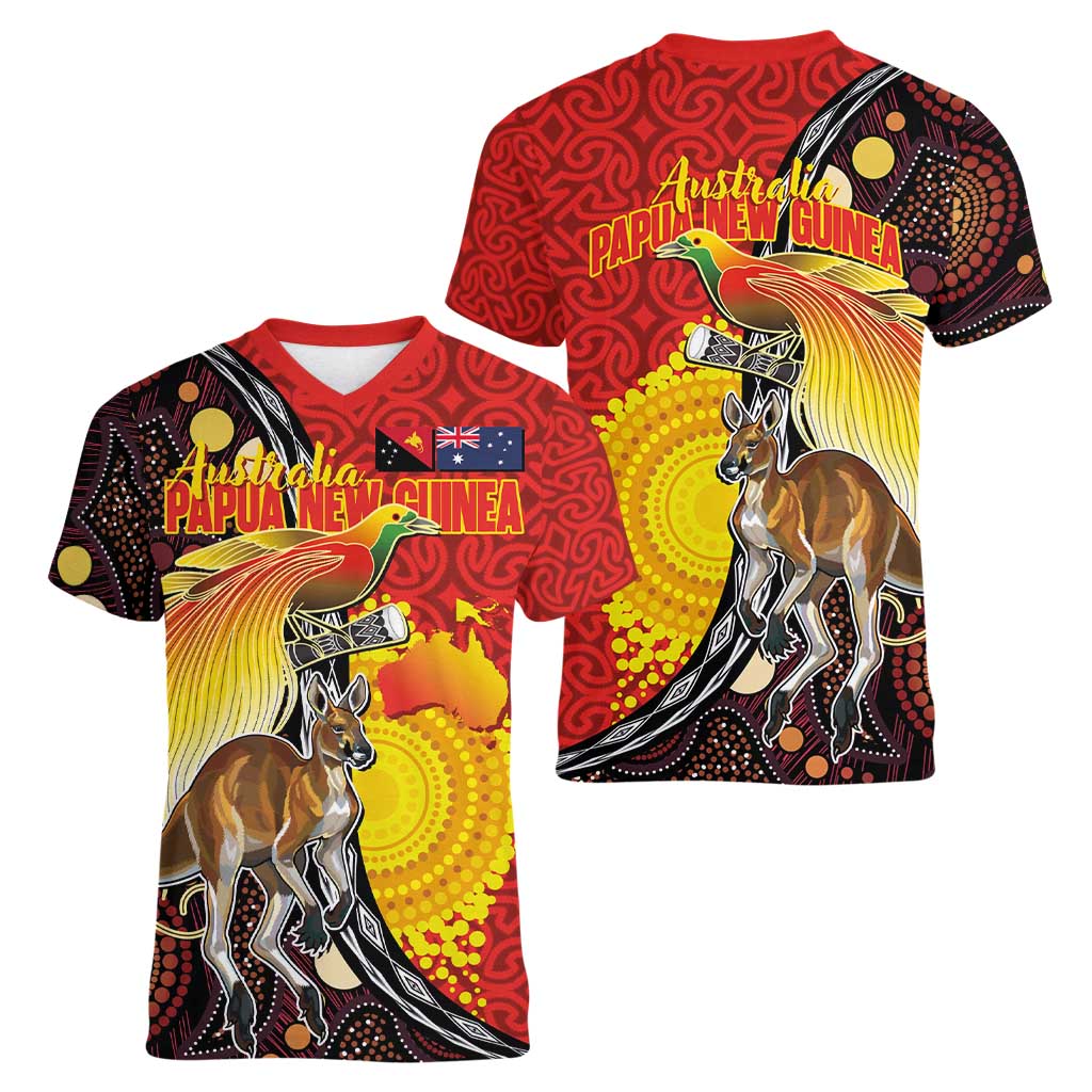 Australia and Papua New Guinea Together Women V-Neck T-Shirt Bird-of-paradise and Kangaroo with Oro Tapa and Aboriginal Art Motifs - Polynesian Pride