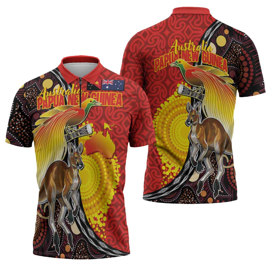 Australia and Papua New Guinea Together Zipper Polo Shirt Bird-of-paradise and Kangaroo with Oro Tapa and Aboriginal Art Motifs - Polynesian Pride