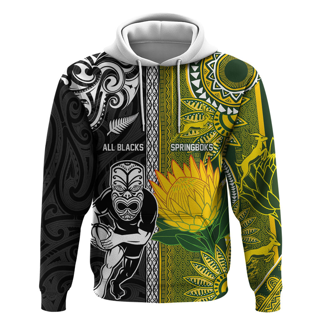 Custom Rugby New Zealand and South Africa Hoodie Greatest Rivalry Silver Fern and Antelope LT03 Pullover Hoodie Multicolor - Polynesian Pride