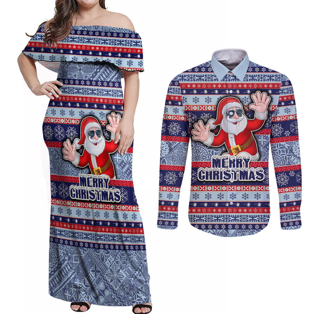 fiji-christmas-couples-matching-off-shoulder-maxi-dress-and-long-sleeve-button-shirts-fijian-santa-and-coat-of-arms-mix-tapa-pattern-striped-style