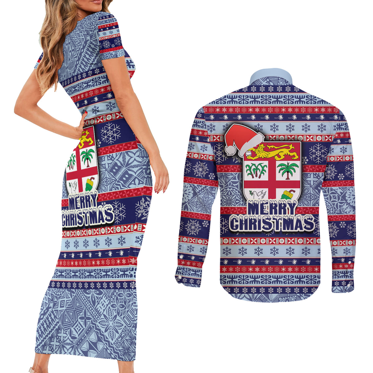 fiji-christmas-couples-matching-short-sleeve-bodycon-dress-and-long-sleeve-button-shirts-fijian-santa-and-coat-of-arms-mix-tapa-pattern-striped-style