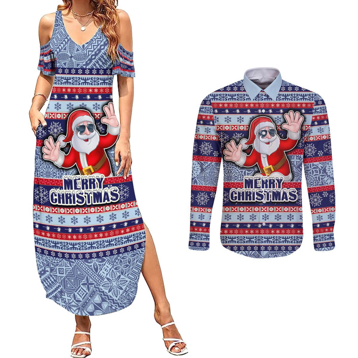 fiji-christmas-couples-matching-summer-maxi-dress-and-long-sleeve-button-shirts-fijian-santa-and-coat-of-arms-mix-tapa-pattern-striped-style