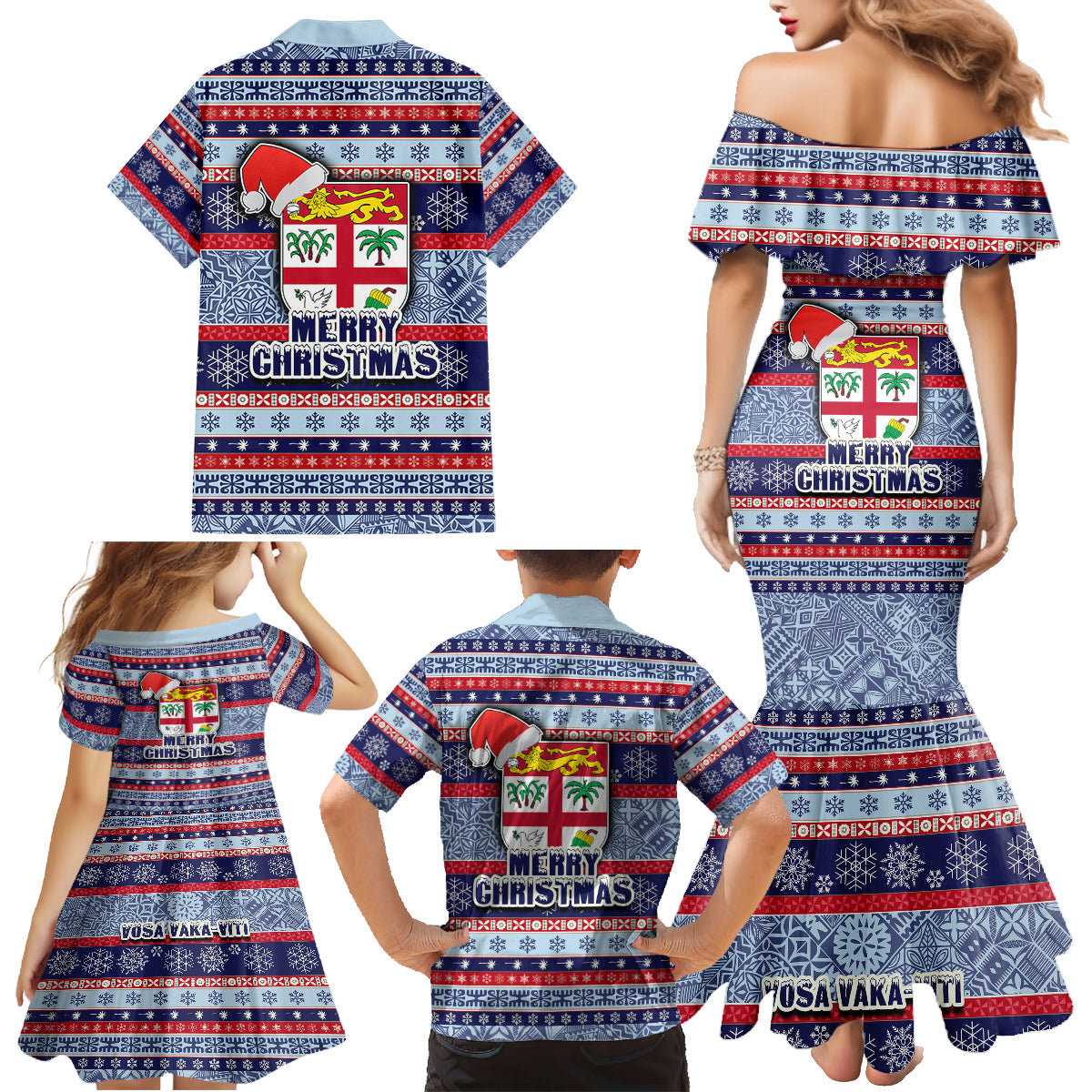 fiji-christmas-family-matching-mermaid-dress-and-hawaiian-shirt-fijian-santa-and-coat-of-arms-mix-tapa-pattern-striped-style