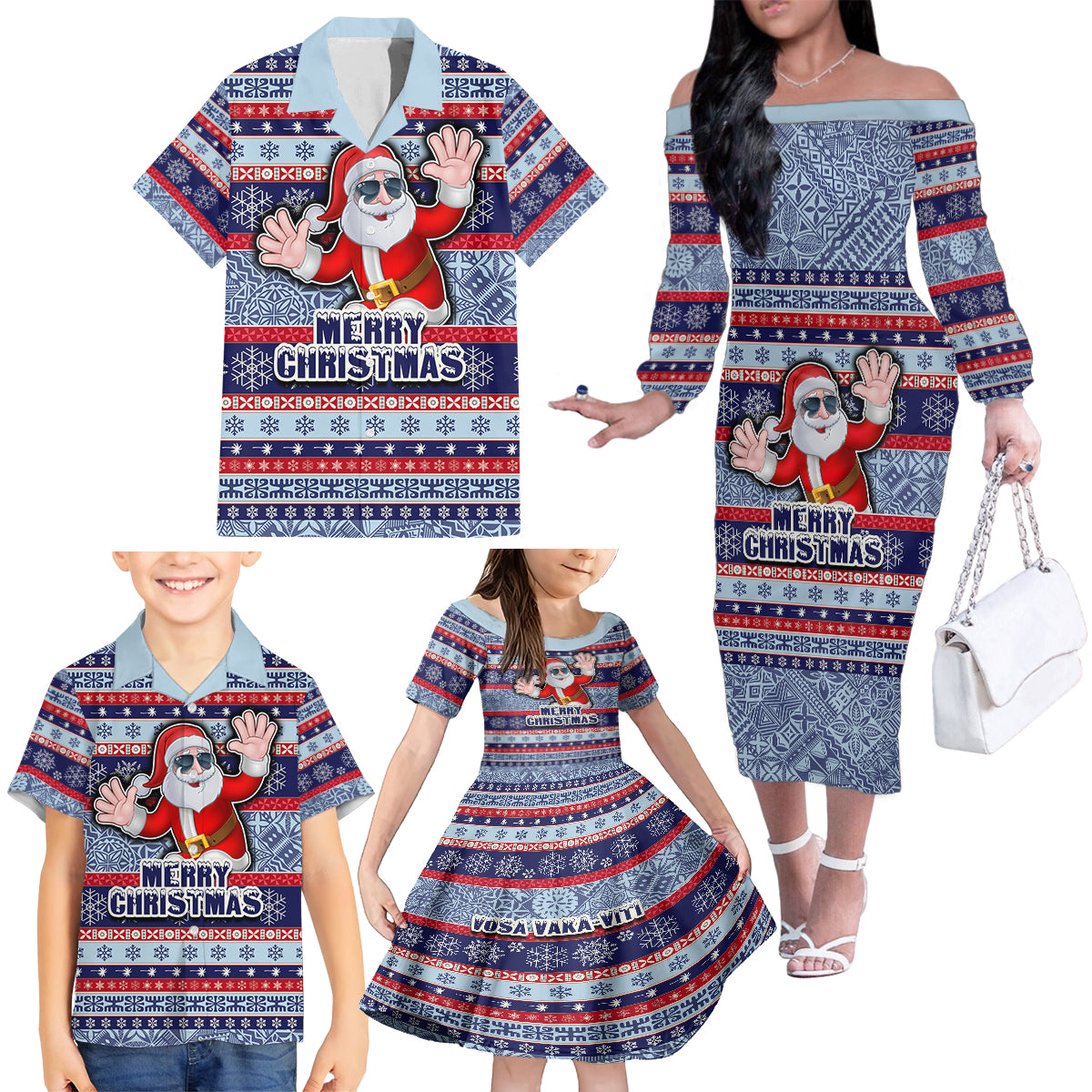 fiji-christmas-family-matching-off-shoulder-long-sleeve-dress-and-hawaiian-shirt-fijian-santa-and-coat-of-arms-mix-tapa-pattern-striped-style