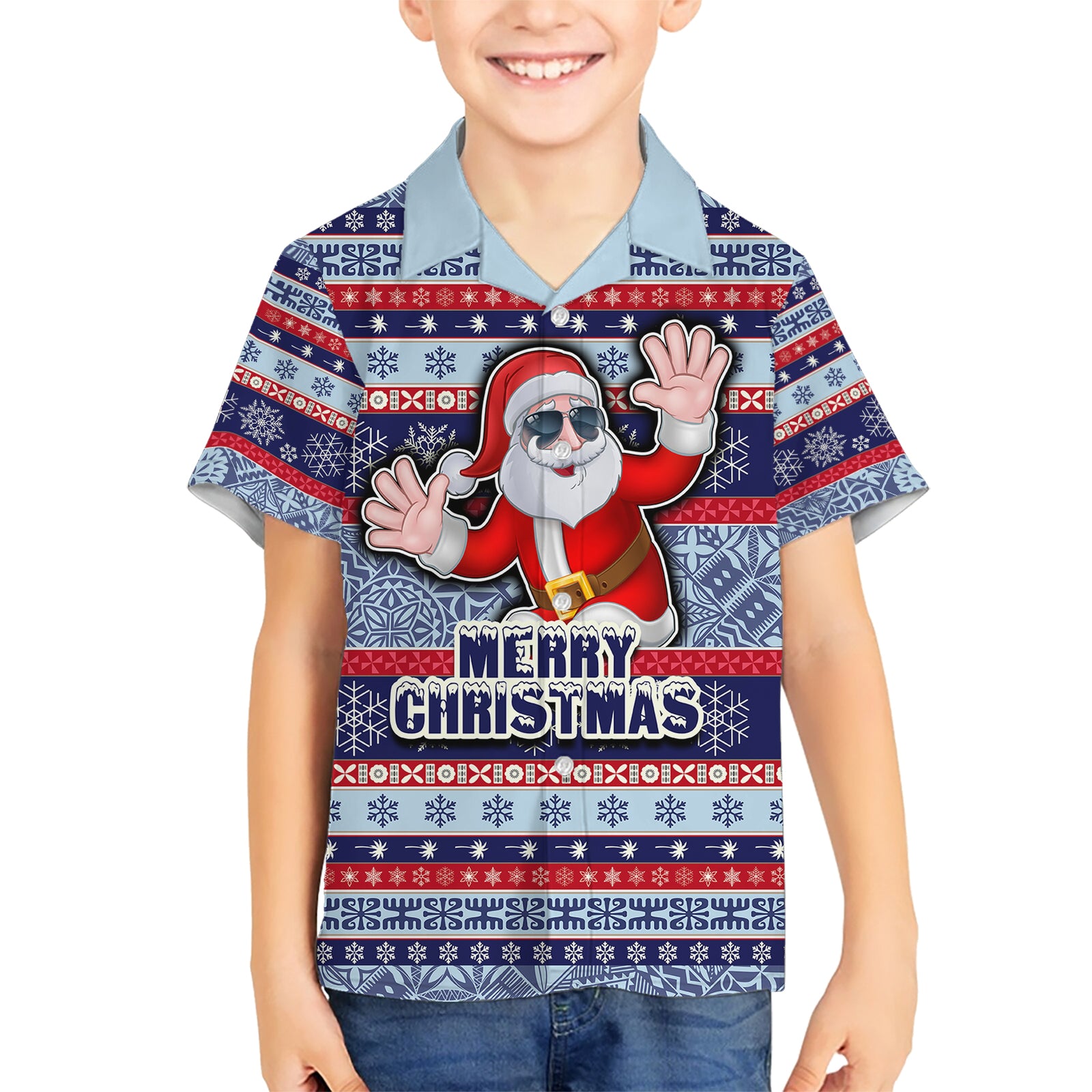 Fiji Christmas Kid Hawaiian Shirt Fijian Santa and Coat of Arms Mix Tapa Pattern Striped Style LT03 Kid Blue - Polynesian Pride