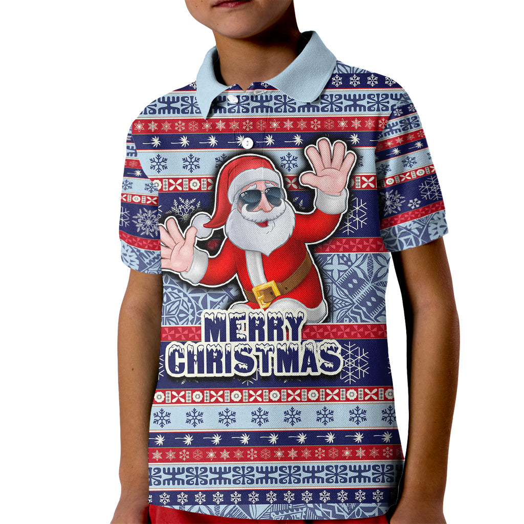 Fiji Christmas Kid Polo Shirt Fijian Santa and Coat of Arms Mix Tapa Pattern Striped Style LT03 Kid Blue - Polynesian Pride