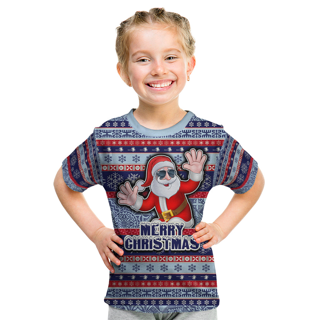 Fiji Christmas Kid T Shirt Fijian Santa and Coat of Arms Mix Tapa Pattern Striped Style LT03 Blue - Polynesian Pride
