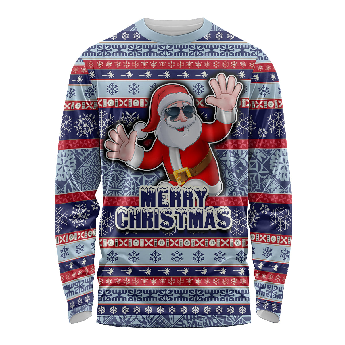 Fiji Christmas Long Sleeve Shirt Fijian Santa and Coat of Arms Mix Tapa Pattern Striped Style LT03 Unisex Blue - Polynesian Pride
