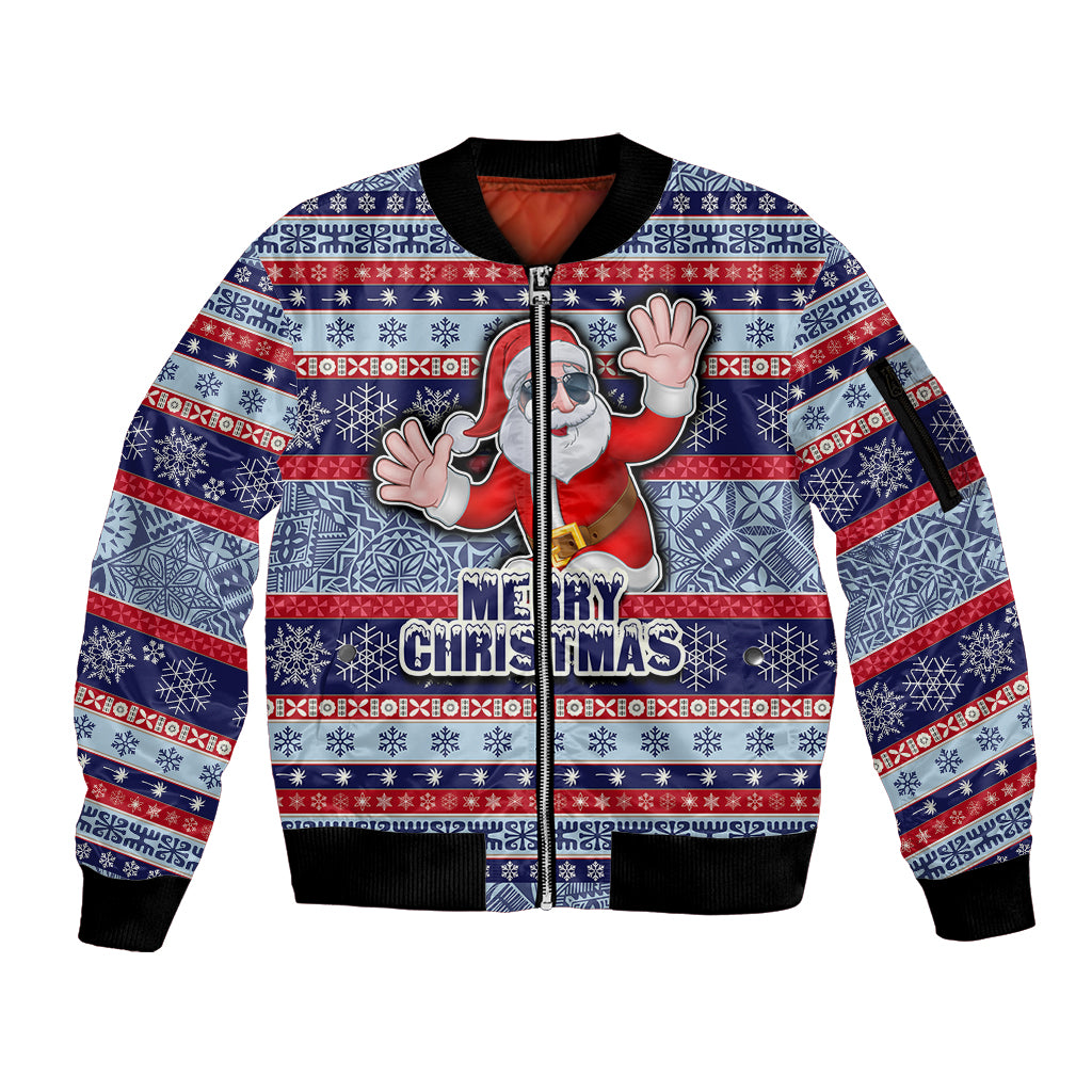 Fiji Christmas Sleeve Zip Bomber Jacket Fijian Santa and Coat of Arms Mix Tapa Pattern Striped Style LT03 Unisex Blue - Polynesian Pride