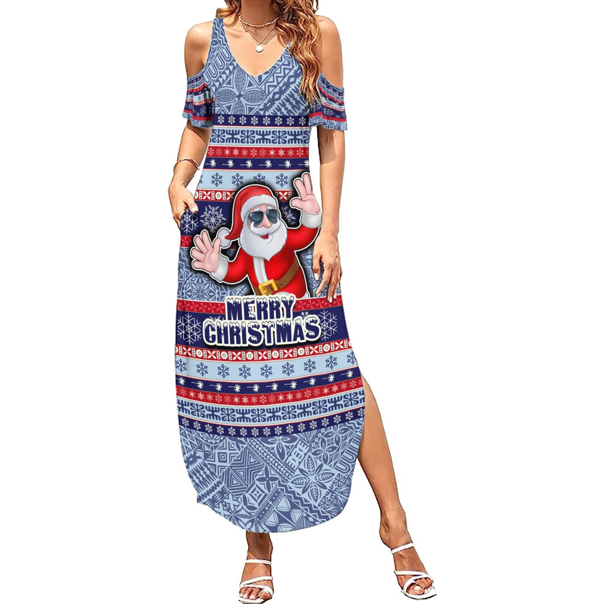 fiji-christmas-summer-maxi-dress-fijian-santa-and-coat-of-arms-mix-tapa-pattern-striped-style