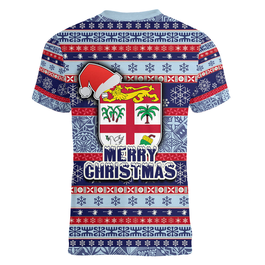 fiji-christmas-women-v-neck-t-shirt-fijian-santa-and-coat-of-arms-mix-tapa-pattern-striped-style