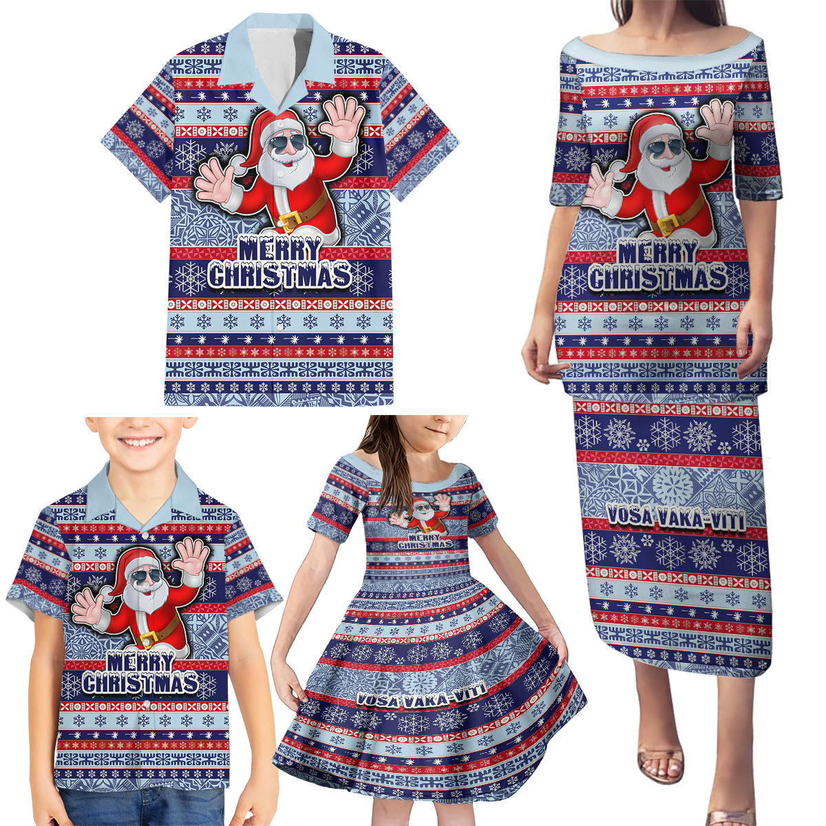 Custom Fiji Christmas Family Matching Puletasi Dress and Hawaiian Shirt Fijian Santa and Coat of Arms Mix Tapa Pattern Striped Style LT03 - Polynesian Pride