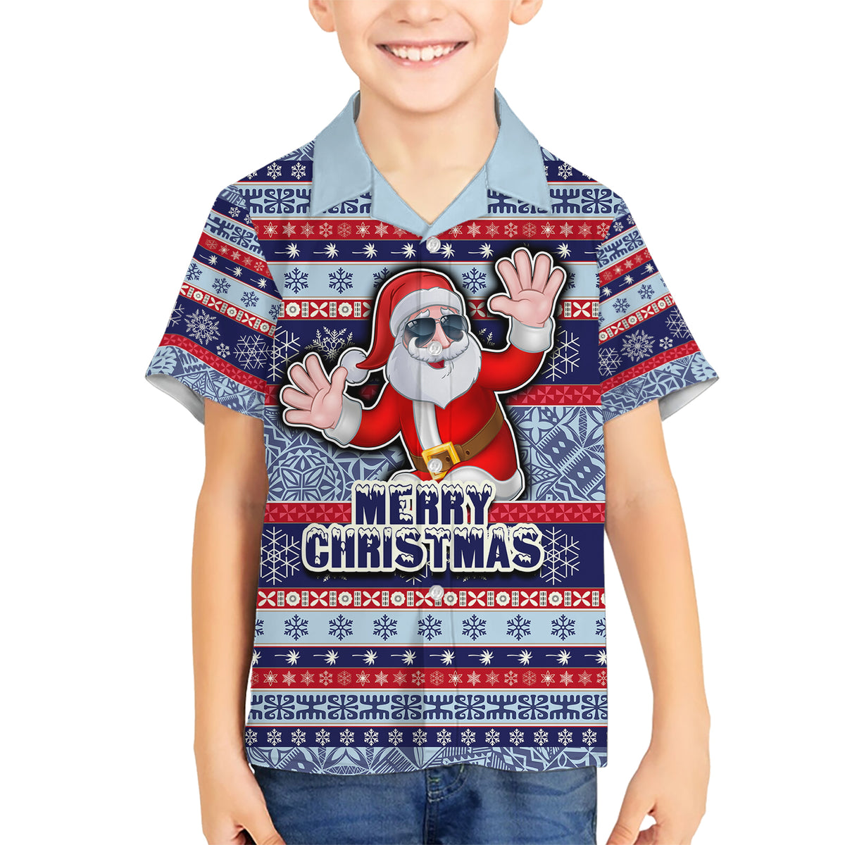 Custom Fiji Christmas Kid Hawaiian Shirt Fijian Santa and Coat of Arms Mix Tapa Pattern Striped Style LT03 Kid Blue - Polynesian Pride