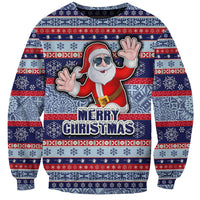 Custom Fiji Christmas Sweatshirt Fijian Santa and Coat of Arms Mix Tapa Pattern Striped Style LT03 Unisex Blue - Polynesian Pride