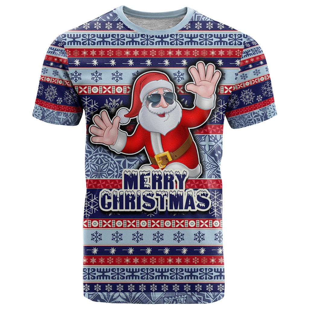 Custom Fiji Christmas T Shirt Fijian Santa and Coat of Arms Mix Tapa Pattern Striped Style LT03 Blue - Polynesian Pride