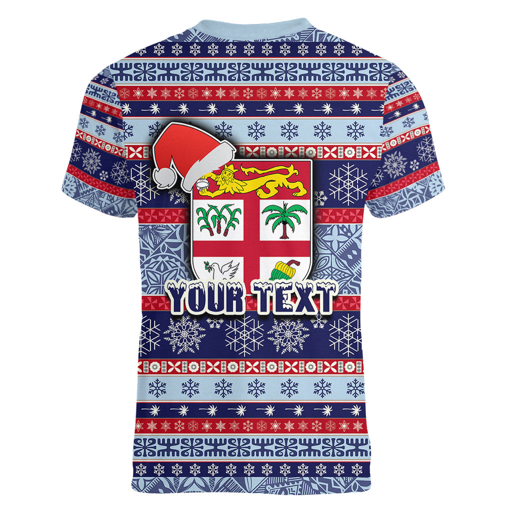 custom-fiji-christmas-women-v-neck-t-shirt-fijian-santa-and-coat-of-arms-mix-tapa-pattern-striped-style