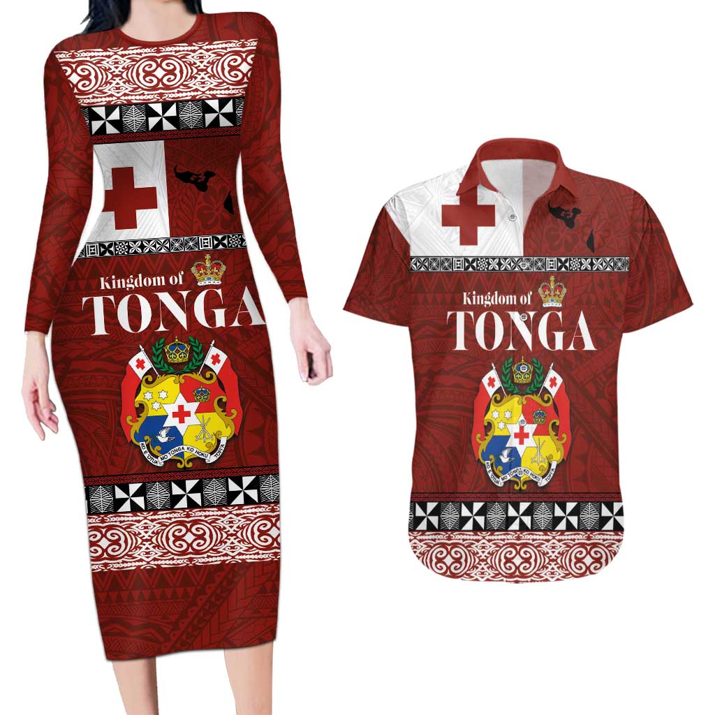 Tongan Culture Couples Matching Long Sleeve Bodycon Dress and Hawaiian Shirt Ngatu Art Tattoo and Emblem of Tonga