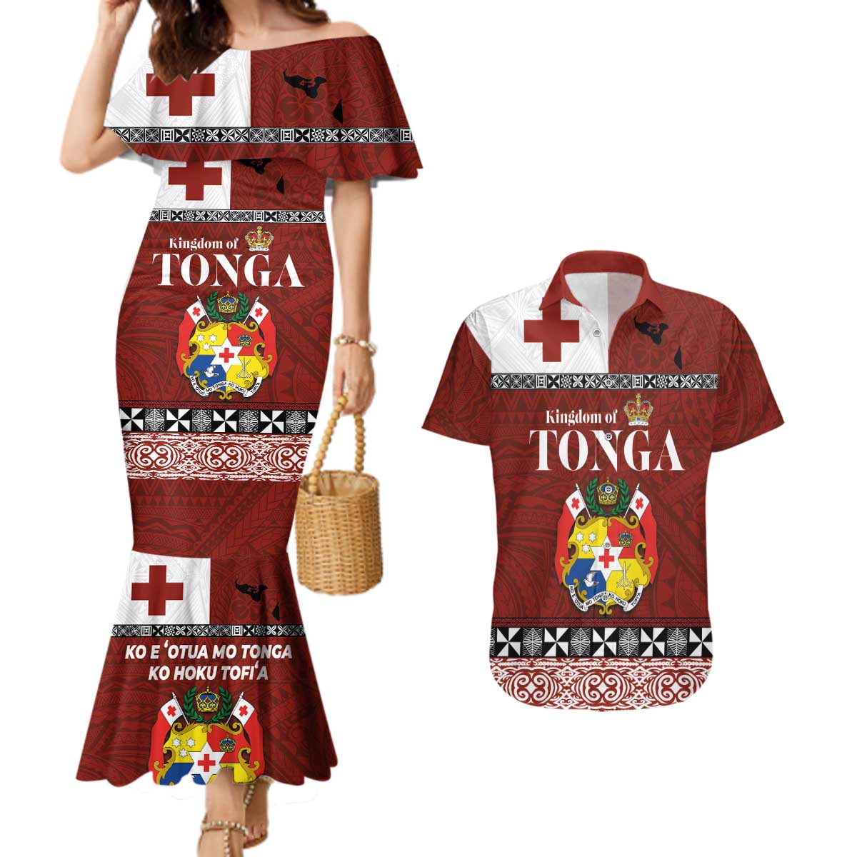 Tongan Culture Couples Matching Mermaid Dress and Hawaiian Shirt Ngatu Art Tattoo and Emblem of Tonga