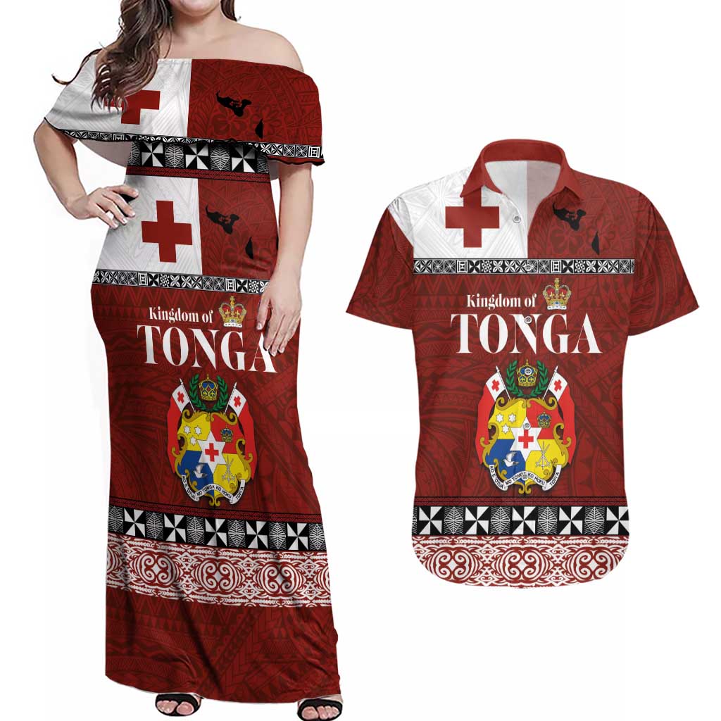 Tongan Culture Couples Matching Off Shoulder Maxi Dress and Hawaiian Shirt Ngatu Art Tattoo and Emblem of Tonga