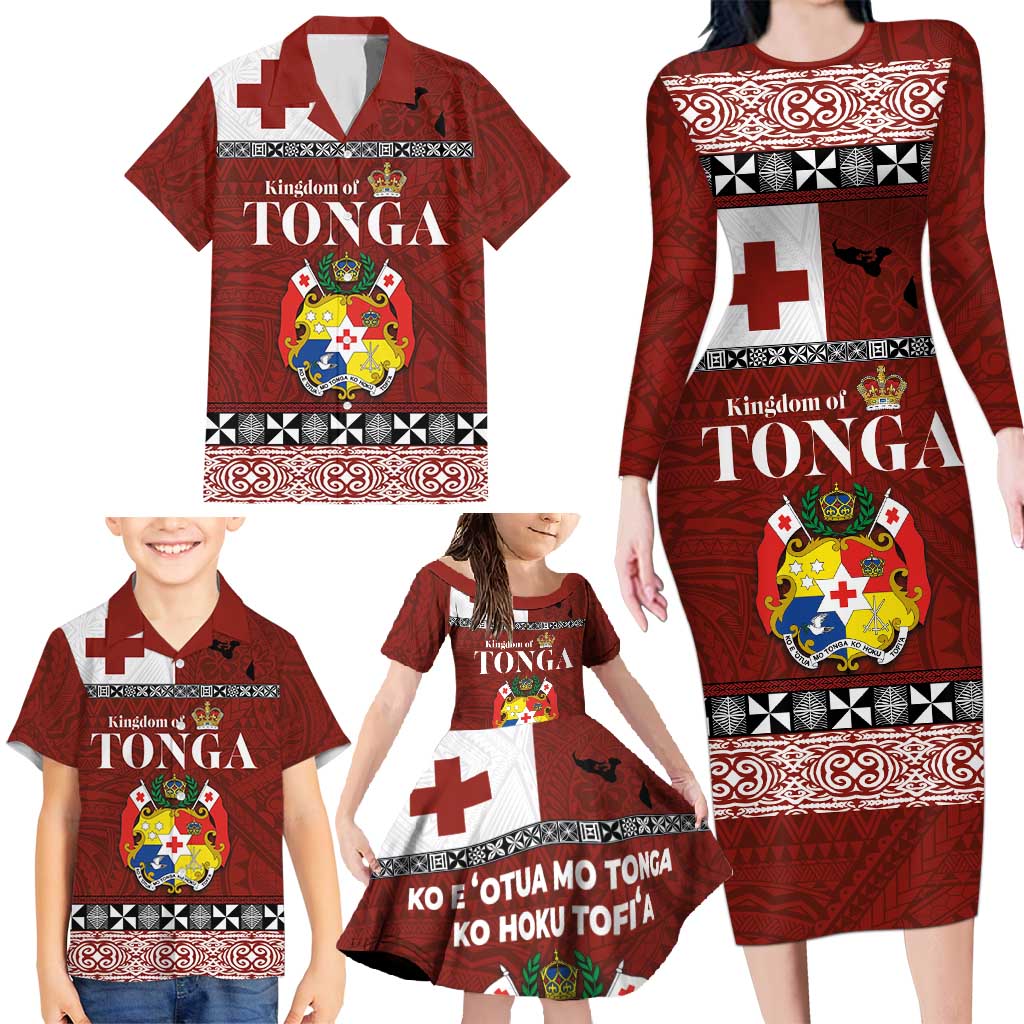 Tongan Culture Family Matching Long Sleeve Bodycon Dress and Hawaiian Shirt Ngatu Art Tattoo and Emblem of Tonga