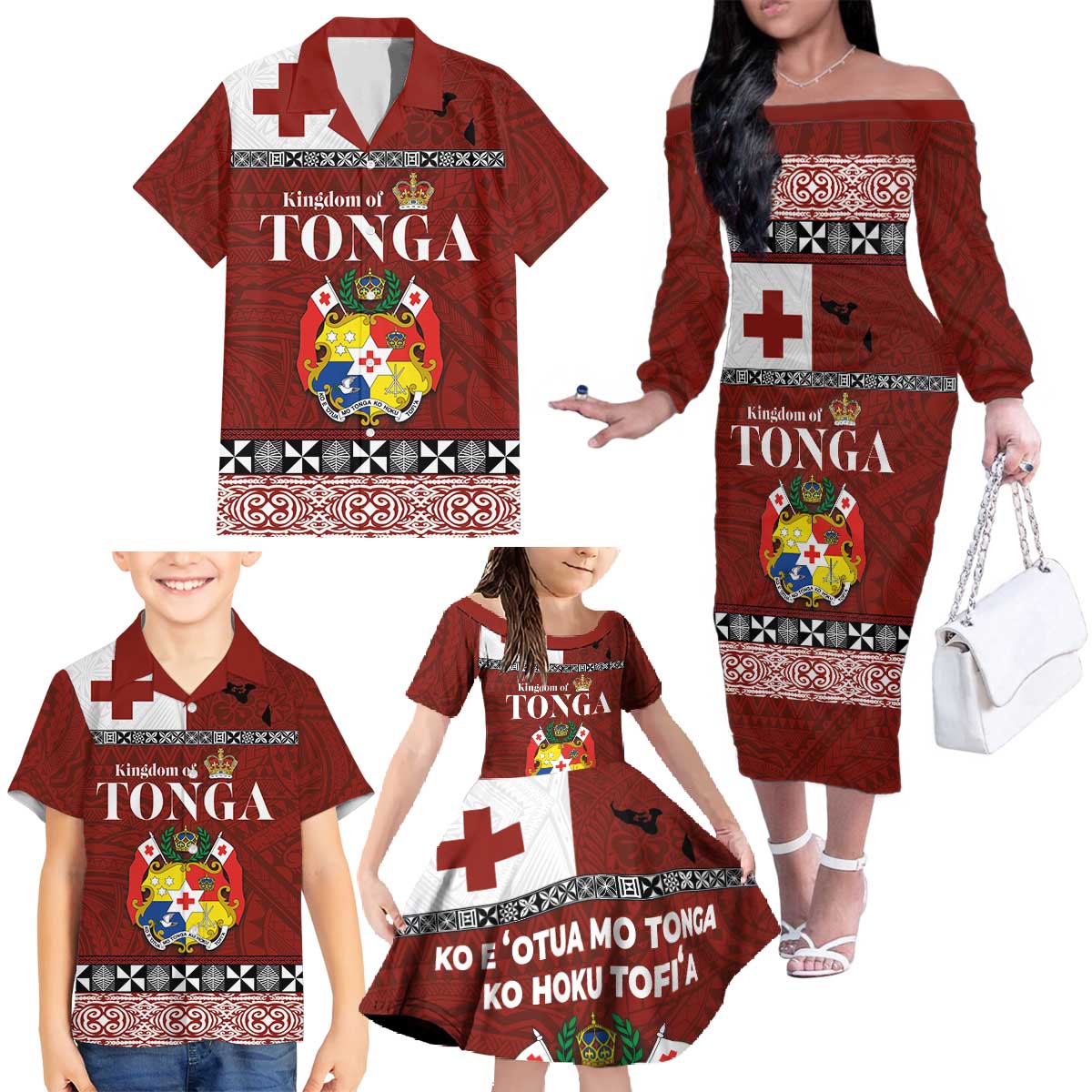 Tongan Culture Family Matching Off The Shoulder Long Sleeve Dress and Hawaiian Shirt Ngatu Art Tattoo and Emblem of Tonga