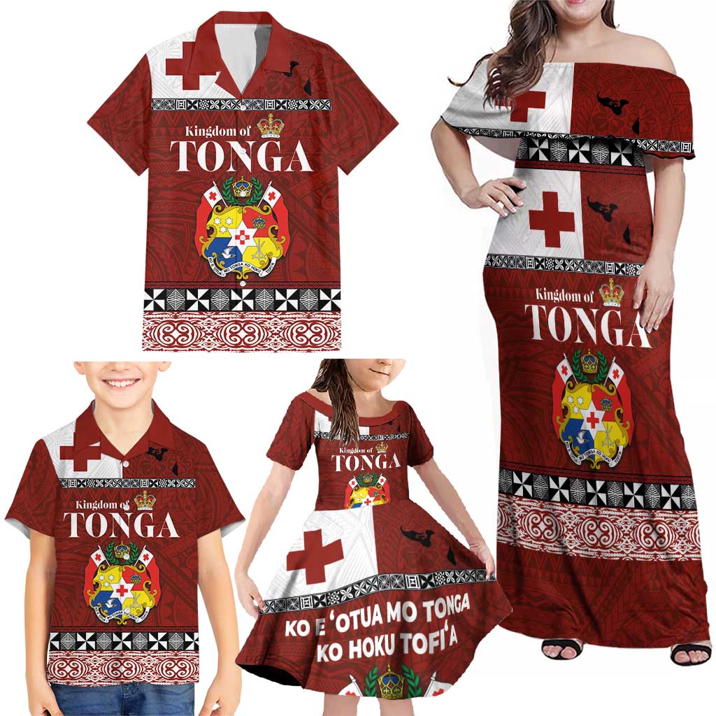 Tongan Culture Family Matching Off Shoulder Maxi Dress and Hawaiian Shirt Ngatu Art Tattoo and Emblem of Tonga