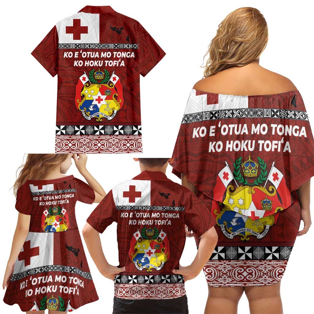 Tongan Culture Family Matching Off Shoulder Short Dress and Hawaiian Shirt Ngatu Art Tattoo and Emblem of Tonga