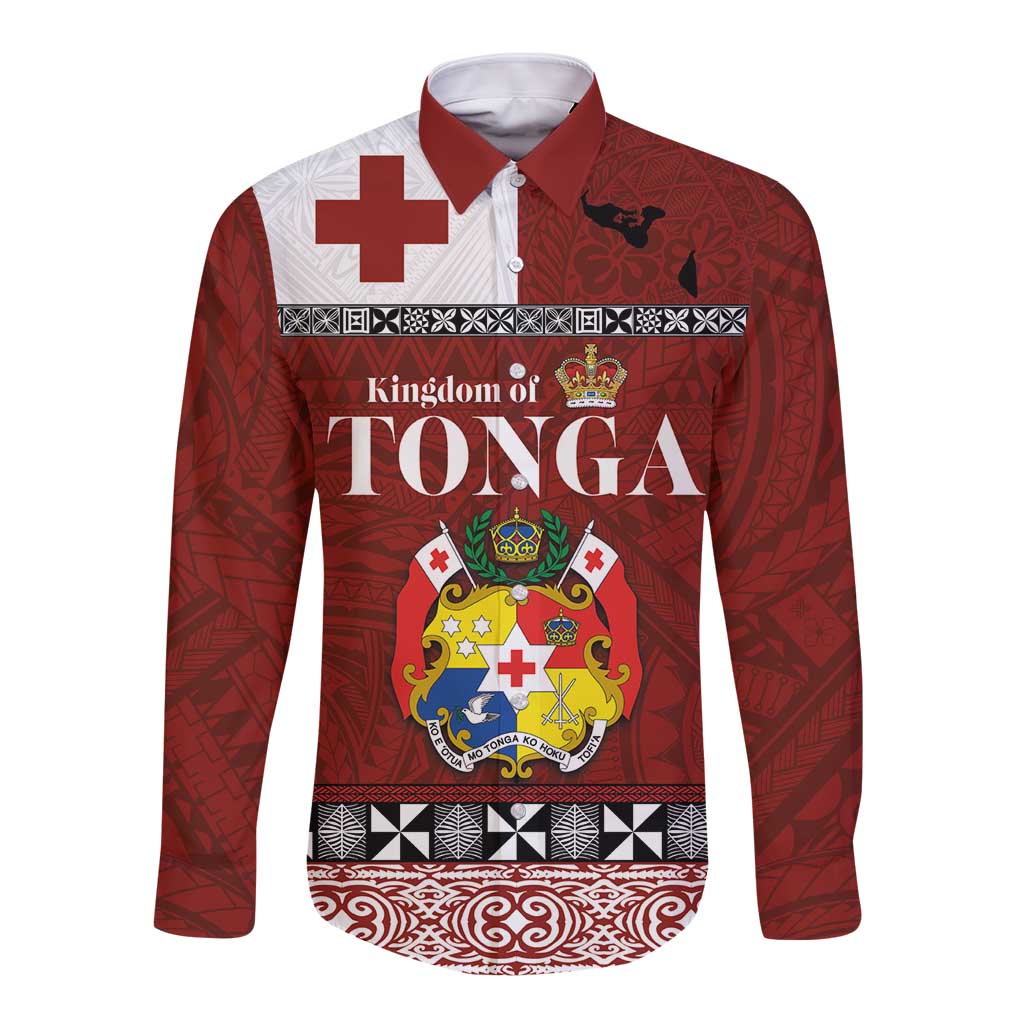 Tongan Culture Long Sleeve Button Shirt Ngatu Art Tattoo and Emblem of Tonga