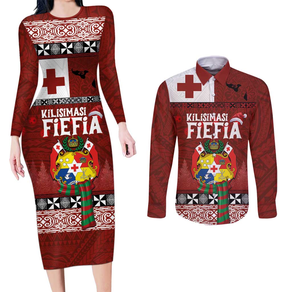 Tongan Christmas Couples Matching Long Sleeve Bodycon Dress and Long Sleeve Button Shirt Kilisimasi Fiefia with Ngatu Art Tattoo LT03 Red - Polynesian Pride