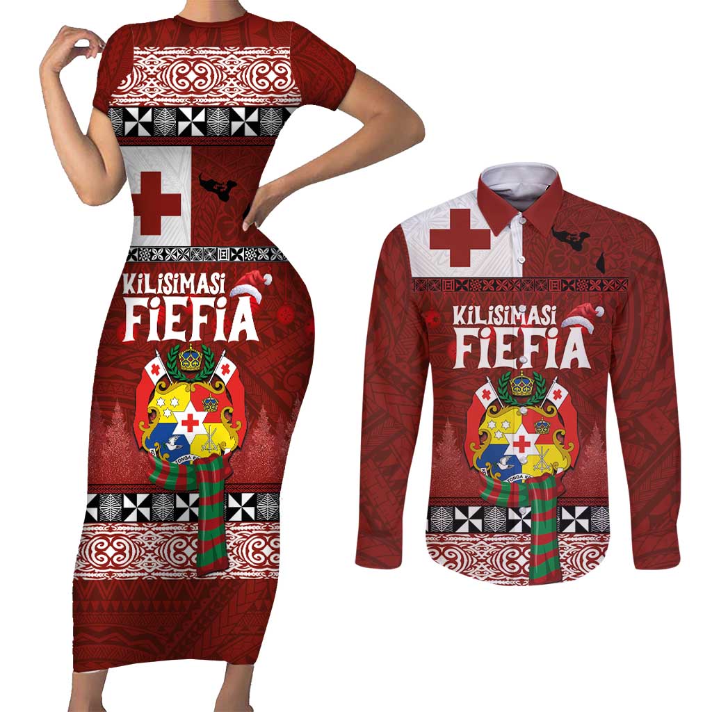 Tongan Christmas Couples Matching Short Sleeve Bodycon Dress and Long Sleeve Button Shirt Kilisimasi Fiefia with Ngatu Art Tattoo LT03 Red - Polynesian Pride