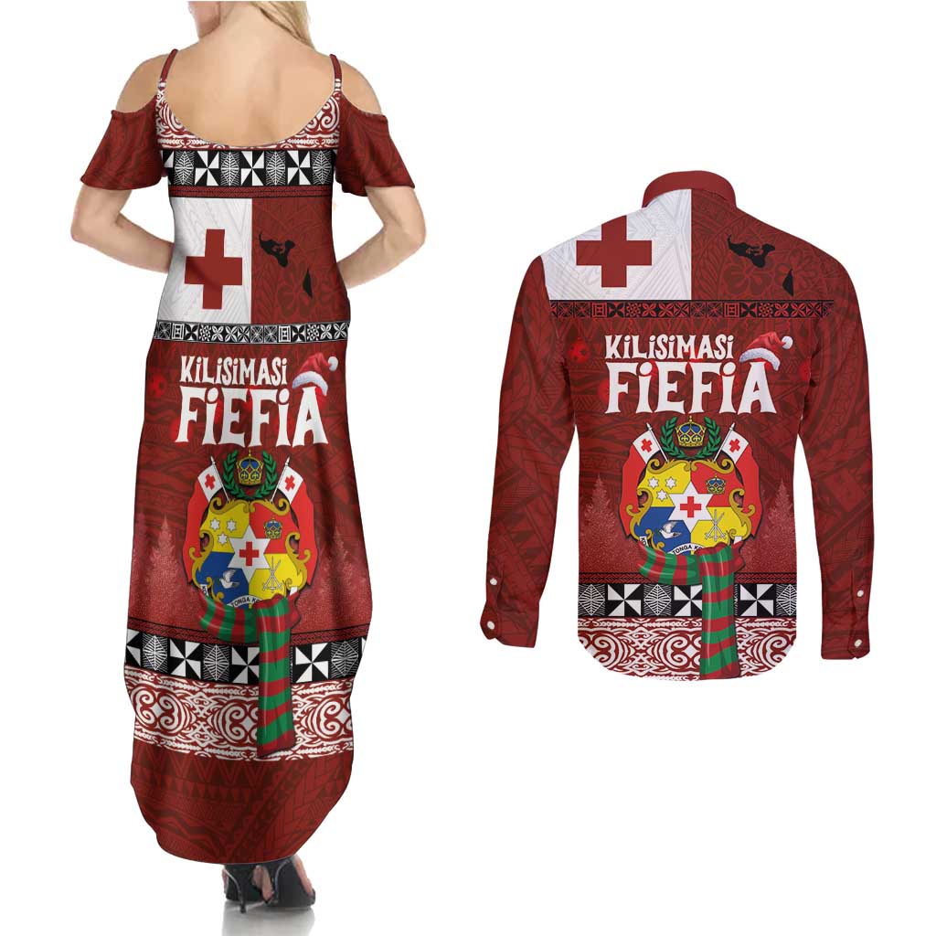 Tongan Christmas Couples Matching Summer Maxi Dress and Long Sleeve Button Shirt Kilisimasi Fiefia with Ngatu Art Tattoo