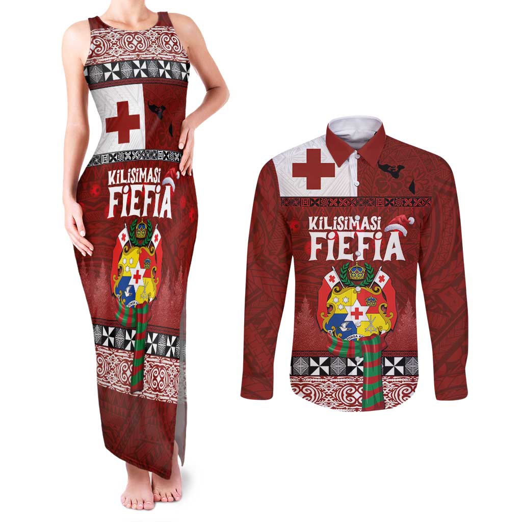 Tongan Christmas Couples Matching Tank Maxi Dress and Long Sleeve Button Shirt Kilisimasi Fiefia with Ngatu Art Tattoo