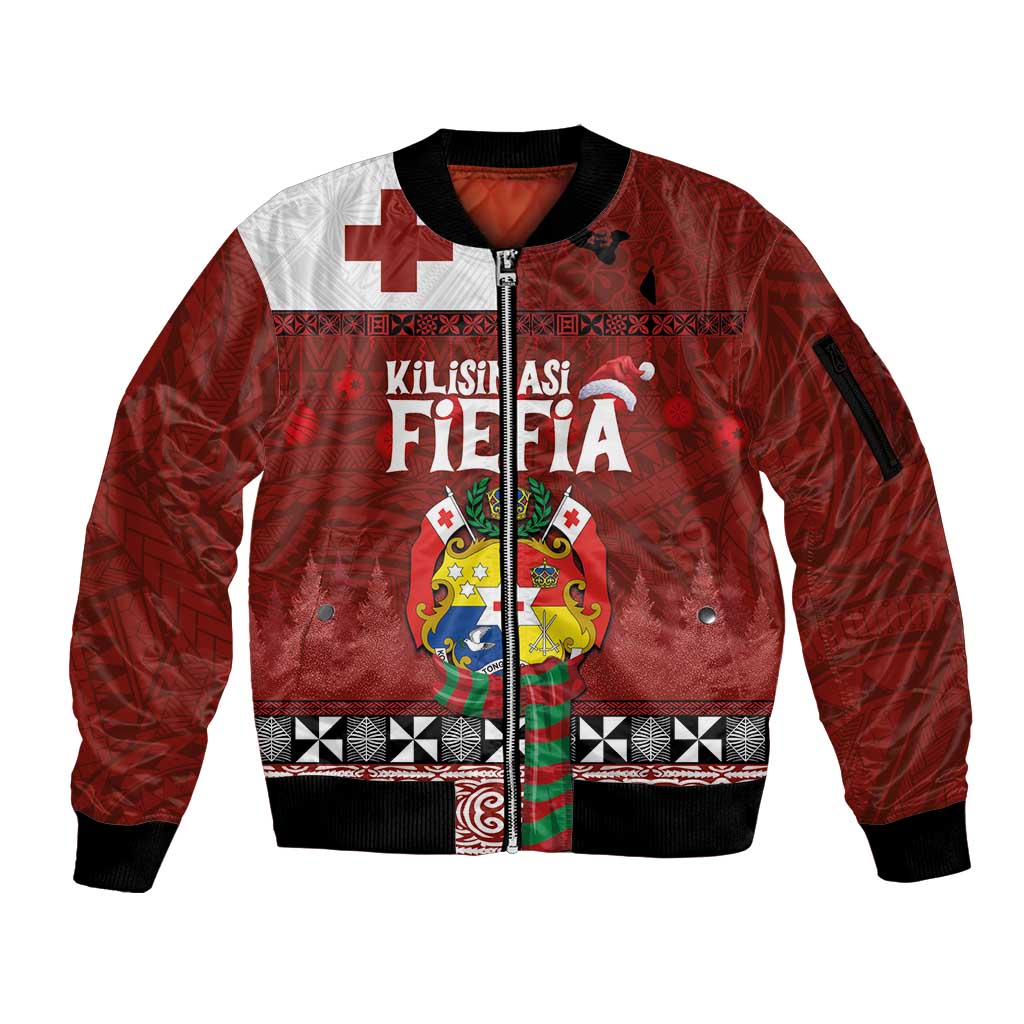 Tongan Christmas Sleeve Zip Bomber Jacket Kilisimasi Fiefia with Ngatu Art Tattoo