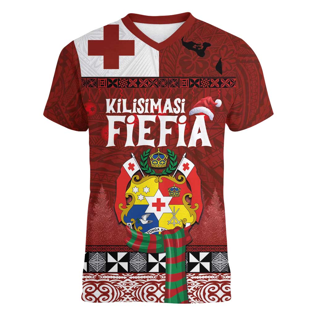 Tongan Christmas Women V-Neck T-Shirt Kilisimasi Fiefia with Ngatu Art Tattoo LT03 Female Red - Polynesian Pride