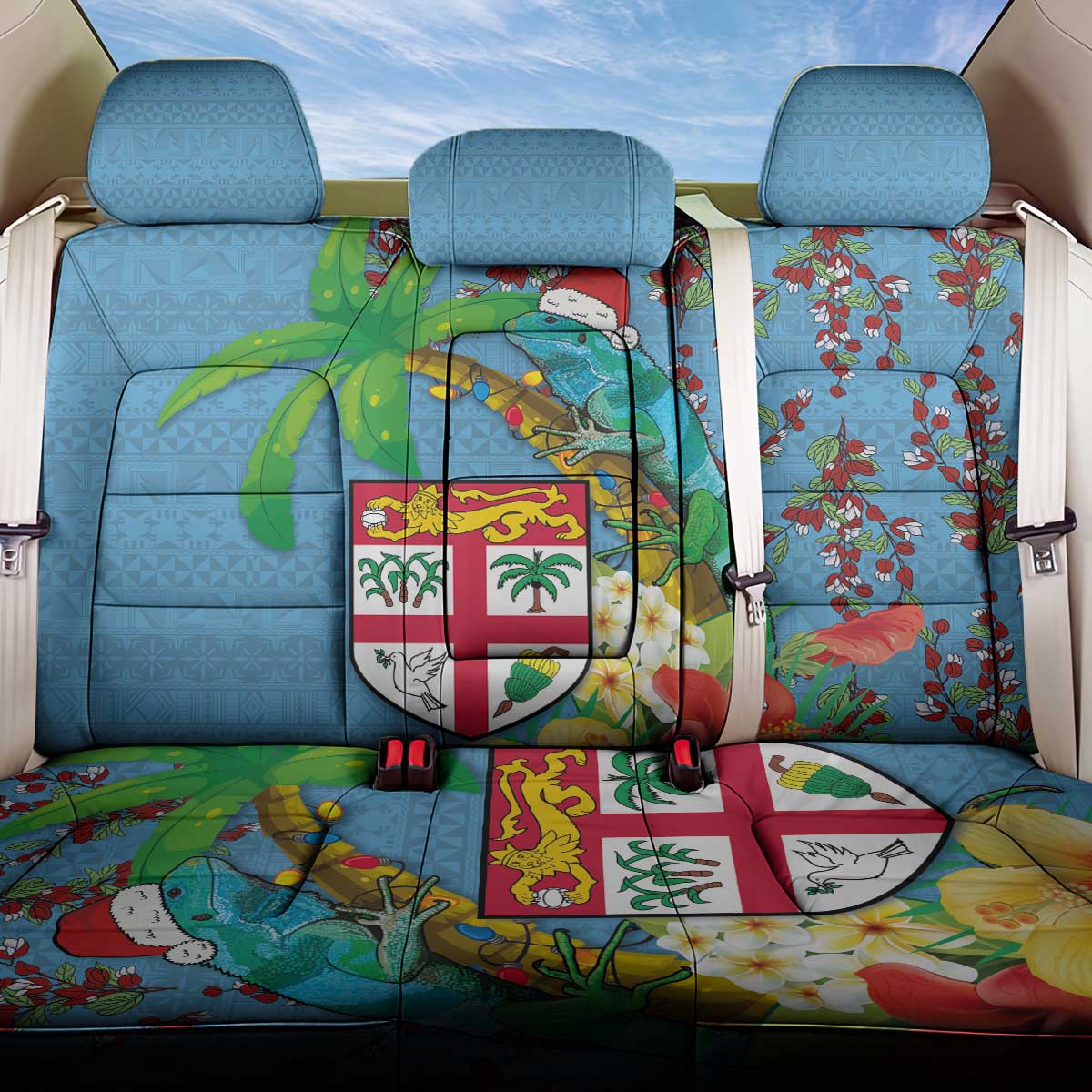 Fijians Iguana Tagimoucia Christmas Back Car Seat Cover Christmas Palm Tree and Hibiscus