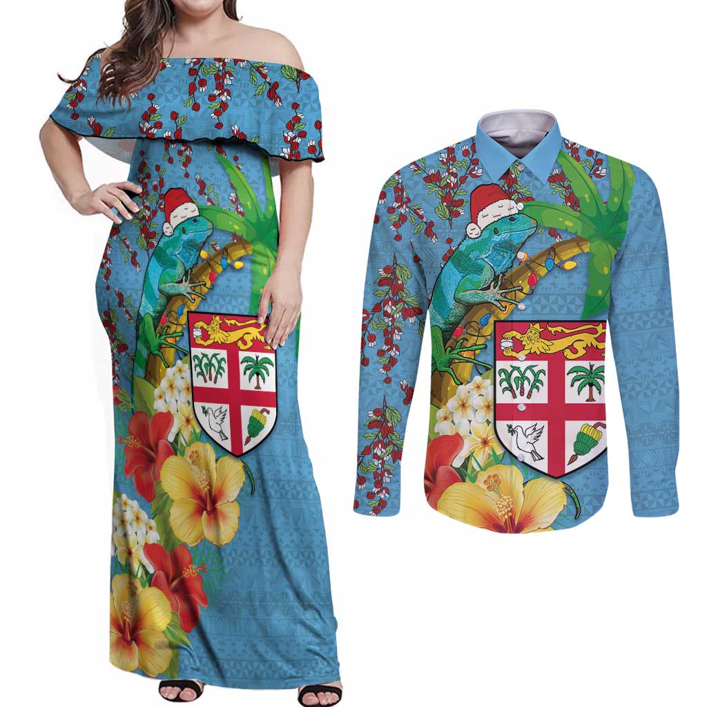 Fijians Iguana Tagimoucia Christmas Couples Matching Off Shoulder Maxi Dress and Long Sleeve Button Shirt Christmas Palm Tree and Hibiscus