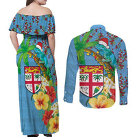 Fijians Iguana Tagimoucia Christmas Couples Matching Off Shoulder Maxi Dress and Long Sleeve Button Shirt Christmas Palm Tree and Hibiscus