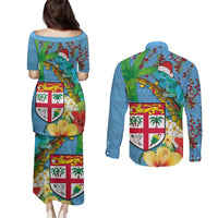 Fijians Iguana Tagimoucia Christmas Couples Matching Puletasi and Long Sleeve Button Shirt Christmas Palm Tree and Hibiscus